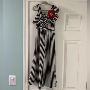 Chic Black and White Striped Jumpsuit with Red Floral Detail